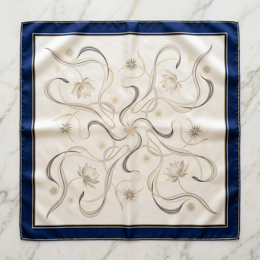 Parisian Wave Heritage Mulberry Silk Square Scarf – Royal Midnight Navy, Pearl Ivory, Gold Trim