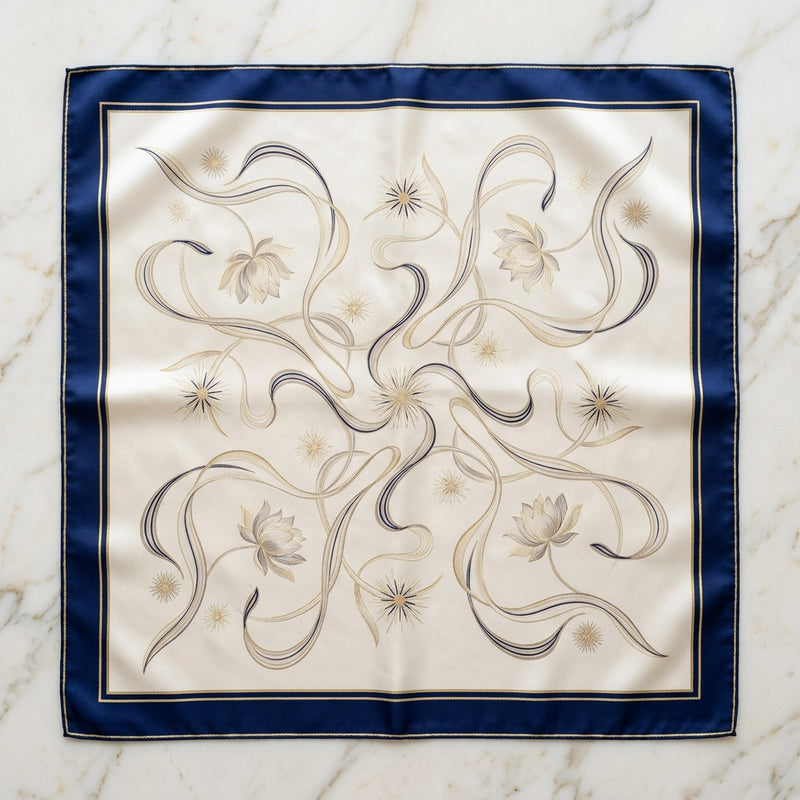 Parisian Wave Heritage Mulberry Silk Square Scarf – Royal Midnight Navy, Pearl Ivory, Gold Trim