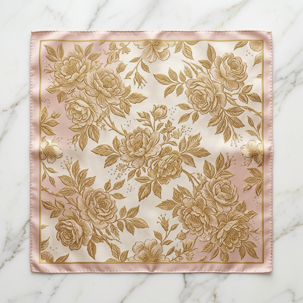 Haute Couture Quartz Rose & Imperial Gold Mulberry Silk Square Scarf with Natural Diamond Accents