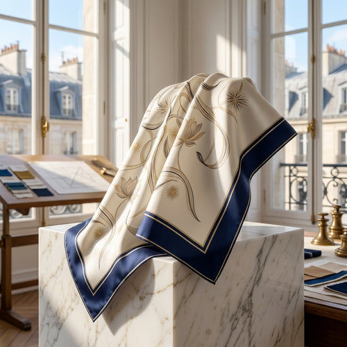 Parisian Wave Heritage Mulberry Silk Square Scarf – Royal Midnight Navy, Pearl Ivory, Gold Trim