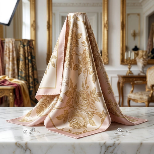 Haute Couture Quartz Rose & Imperial Gold Mulberry Silk Square Scarf with Natural Diamond Accents