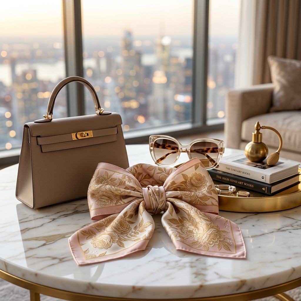 Haute Couture Quartz Rose & Imperial Gold Mulberry Silk Square Scarf with Natural Diamond Accents