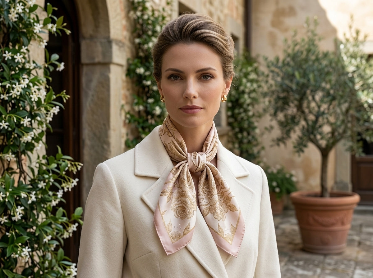 Haute Couture Quartz Rose & Imperial Gold Mulberry Silk Square Scarf with Natural Diamond Accents