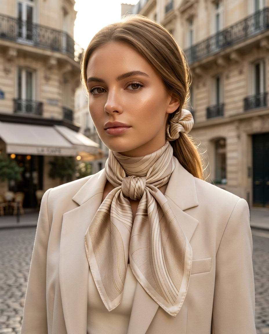 Royal Wave Mulberry Silk Square Scarf & Matching Silk Scrunchie 2-Piece Luxury Gift Set